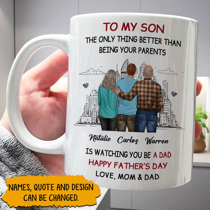 365Gifty white ceramic happy Father's Day personalized mug with parents hugging son and custom names