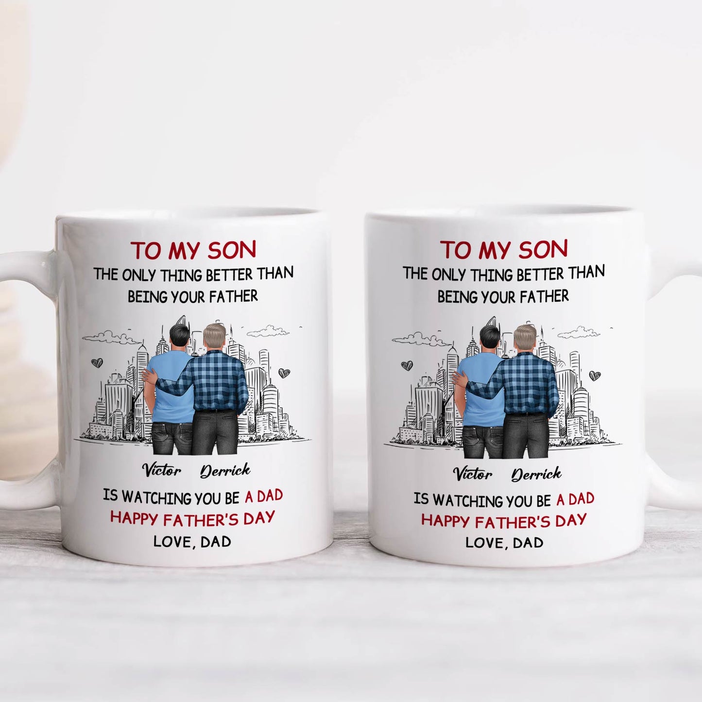 365Gifty happy Father's Day personalized mug showing dad and son back view with city skyline and custom names