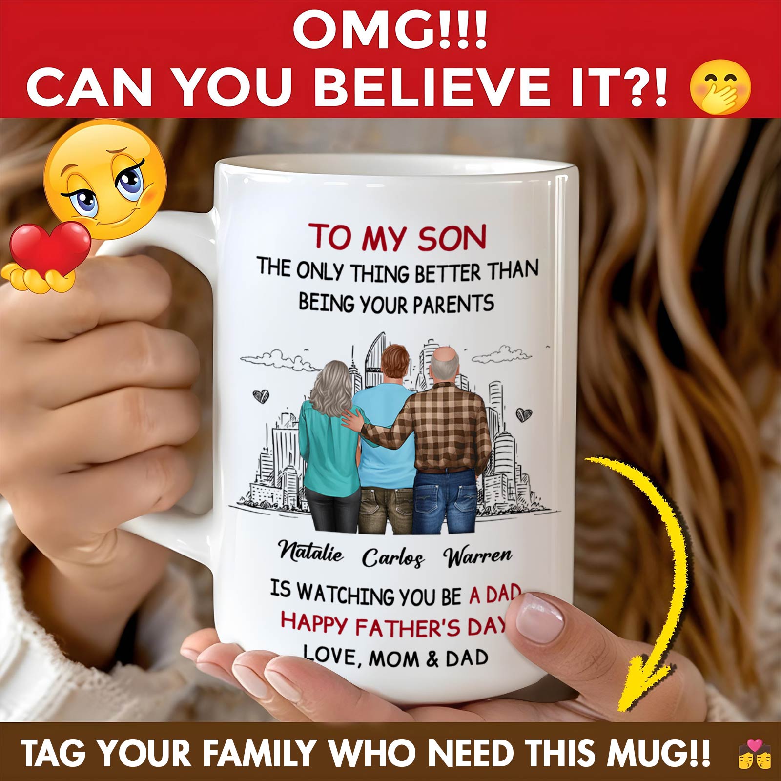 White ceramic 365Gifty family mug reading To My Son with parents illustration and custom names happy Father's Day personalized mug