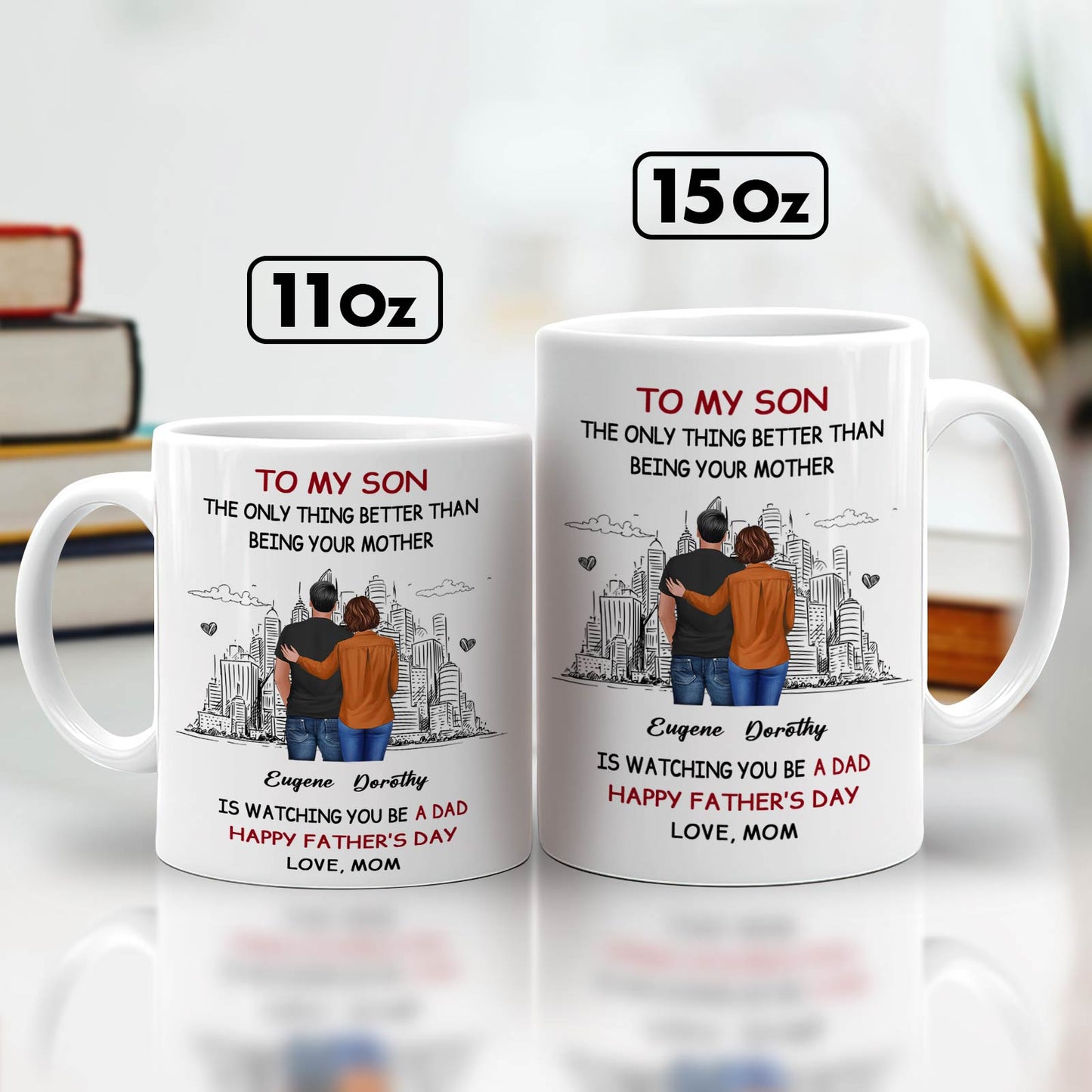 365Gifty white 11oz and 15oz ceramic happy Father's Day personalized mug showing mother and son hug design