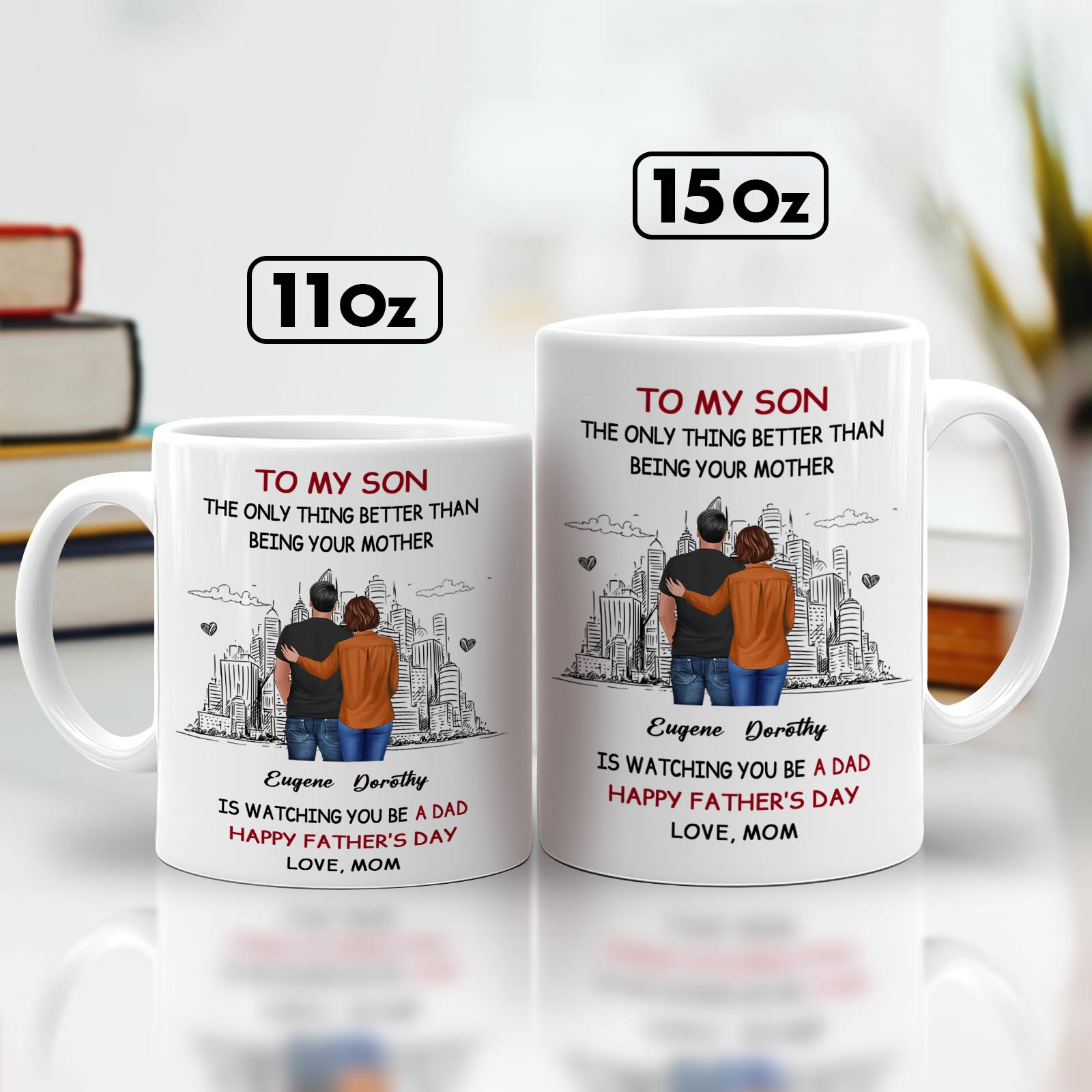 365Gifty white 11oz and 15oz ceramic happy Father's Day personalized mug showing mother and son hug design
