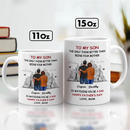 365Gifty white 11oz and 15oz ceramic happy Father's Day personalized mug showing mother and son hug design