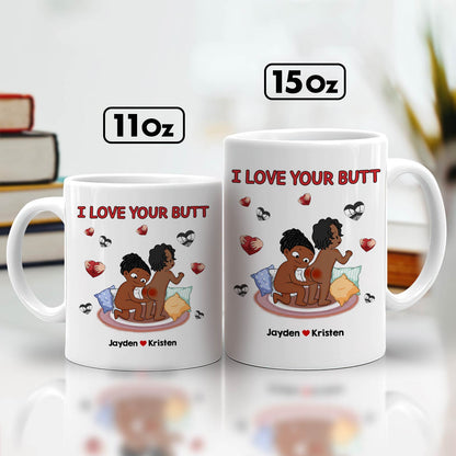 Two personalized white ceramic i love your butt mug designs 11oz and 15oz with cartoon couple and hearts