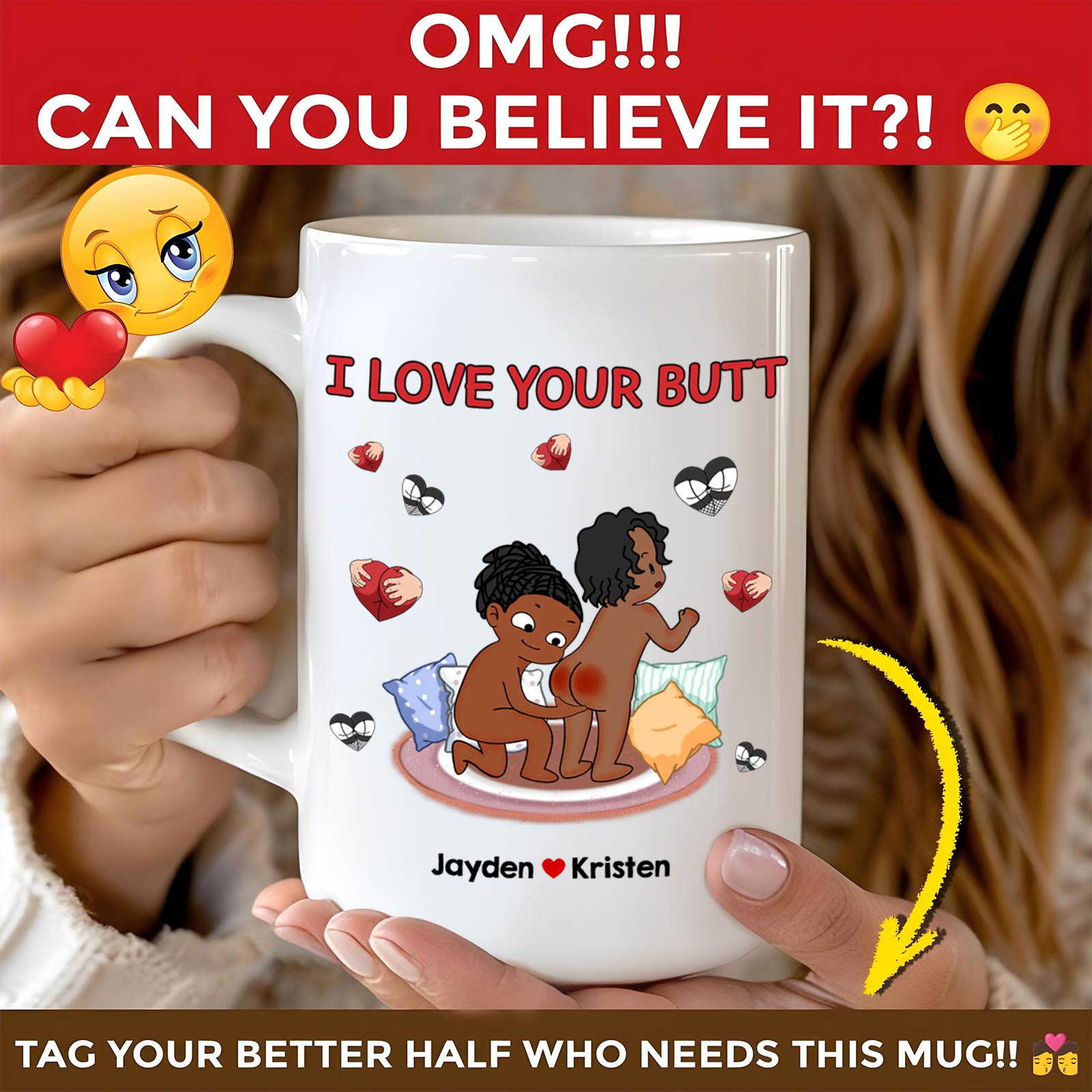 i love your butt mug white ceramic with cartoon couple and hearts personalized names ideal romantic gift