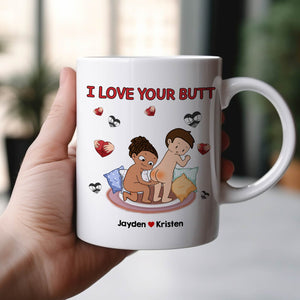 Handheld white ceramic i love your butt mug with playful cartoon couple red text and customizable names Jayden and Kristen