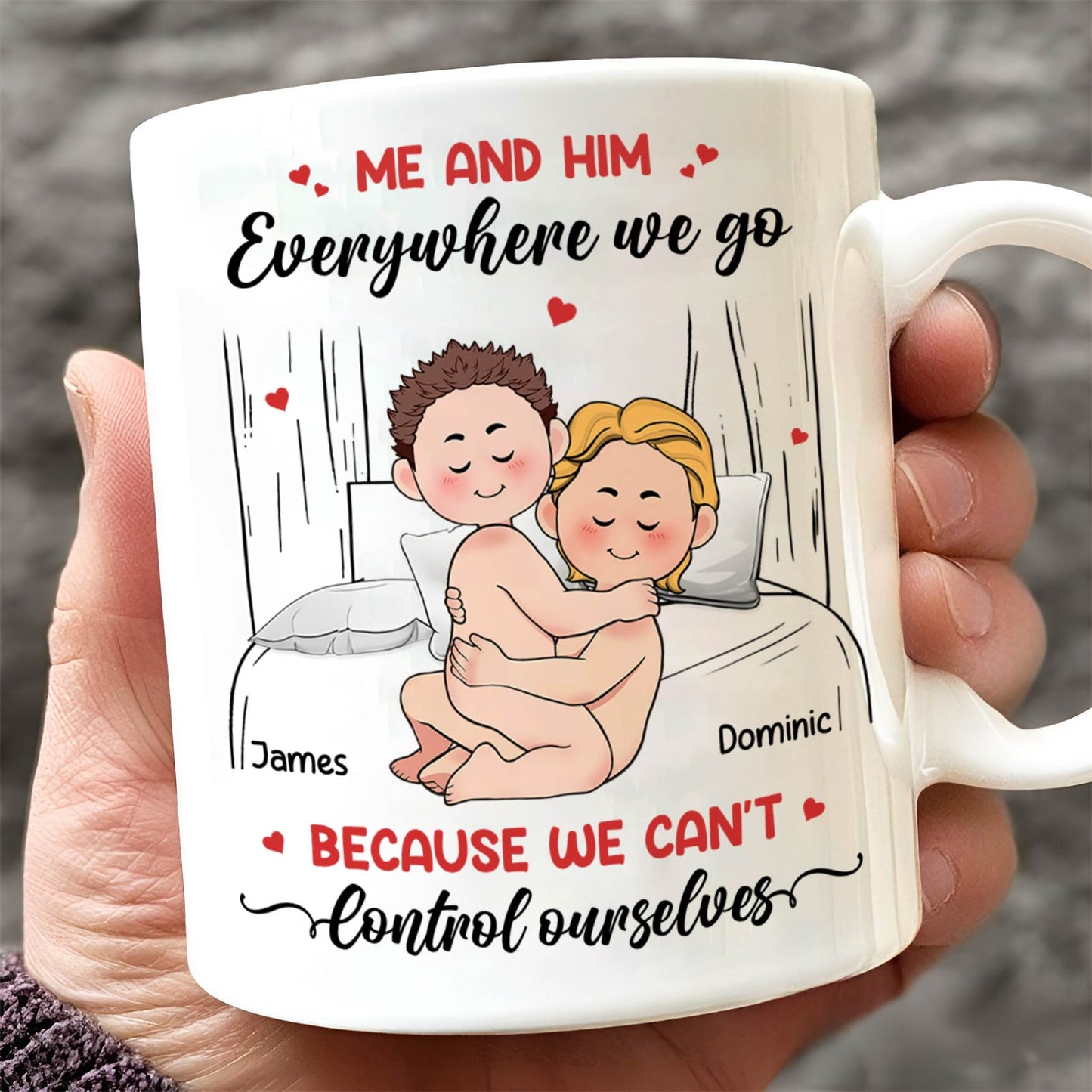 White ceramic me and him everywhere we go mug showing cartoon couple cuddling on bed with custom names