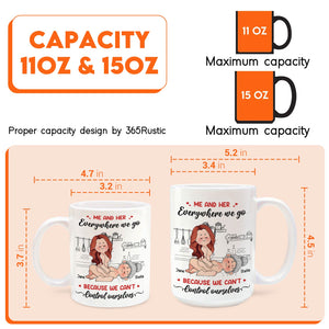 White ceramic me and him everywhere we go mug with cartoon couple design and size options 11 oz 15 oz