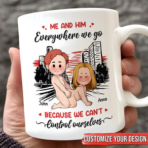 365Gifty me and him everywhere we go mug white ceramic with cartoon couple city skyline and customizable names