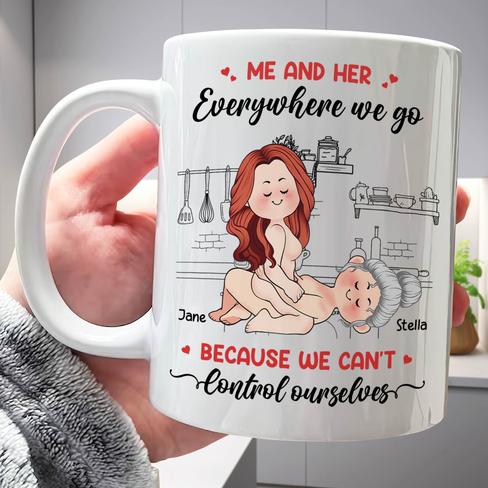 365Gifty me and him everywhere we go mug white ceramic with cheeky adult cartoon couple in kitchen