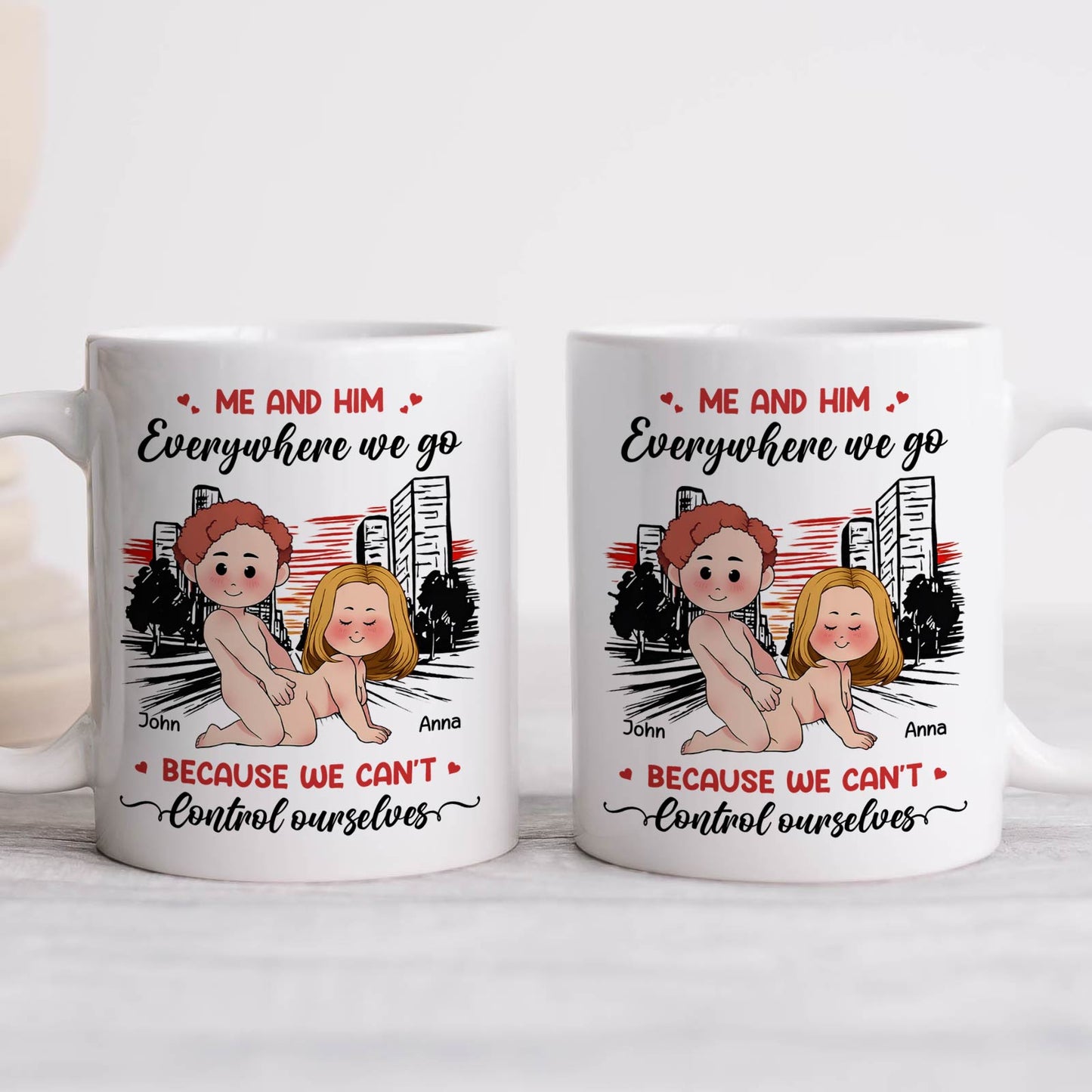 365Gifty personalized me and him everywhere we go mug showing cartoon couple and city skyline design