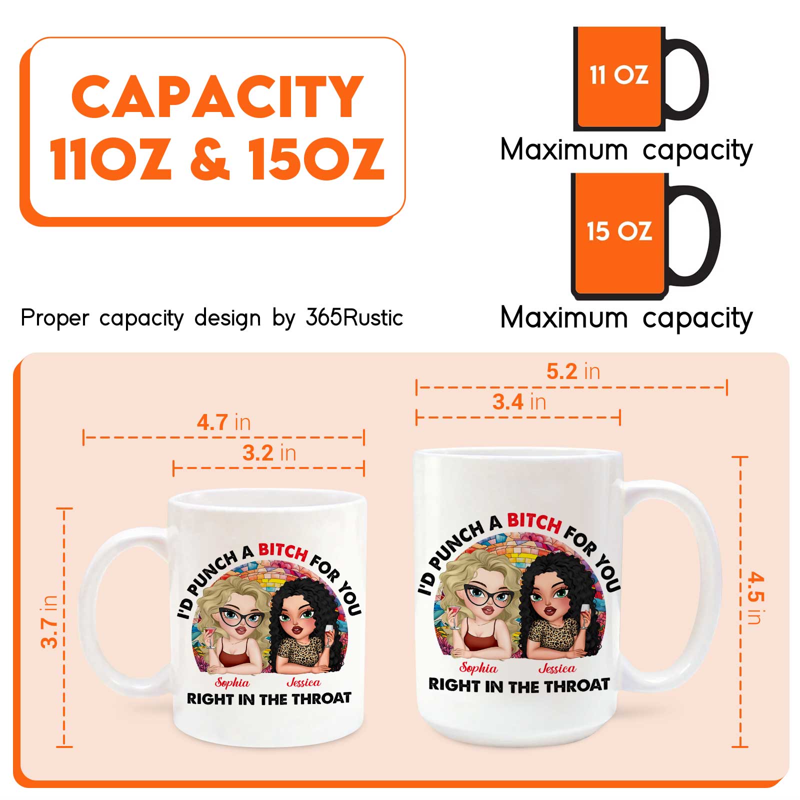 Two white customizable 11oz and 15oz ceramic personalized best friend mug with cartoon duo and bold slogan