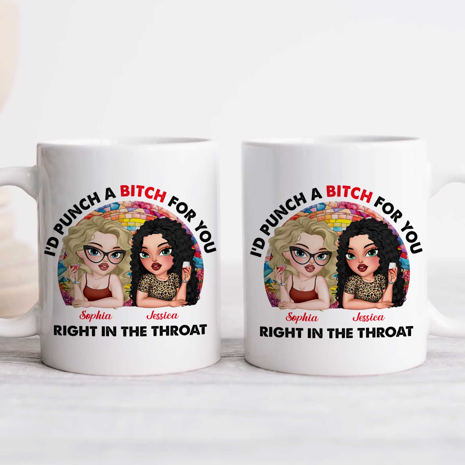 365Gifty personalized best friend mug showing two cartoon women with custom names Sophia and Jessica and bold humorous slogan
