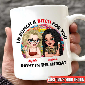 personalized best friend mug white ceramic showing two cartoon women named Sophia and Jessica with cheeky punch a bitch slogan