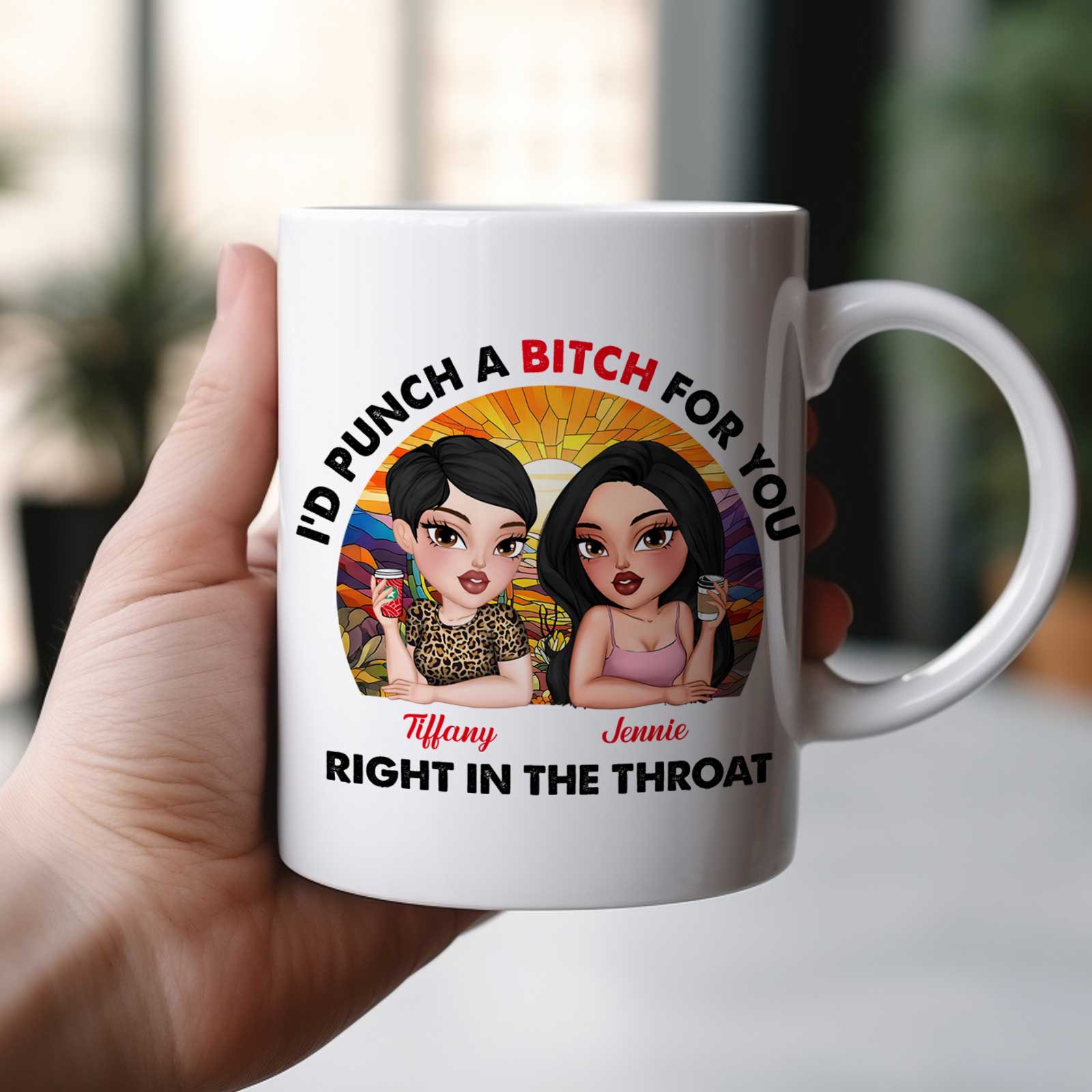 White personalized best friend mug showing two cartoon women with humorous protective slogan and custom names Tiffany and Jennie