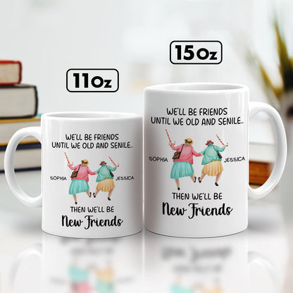 365Gifty personalized best friends mug showing two dancing older women with names on 11oz and 15oz white ceramic mugs