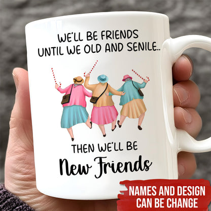 White ceramic personalized best friends mug with three dancing women and humorous friendship quote