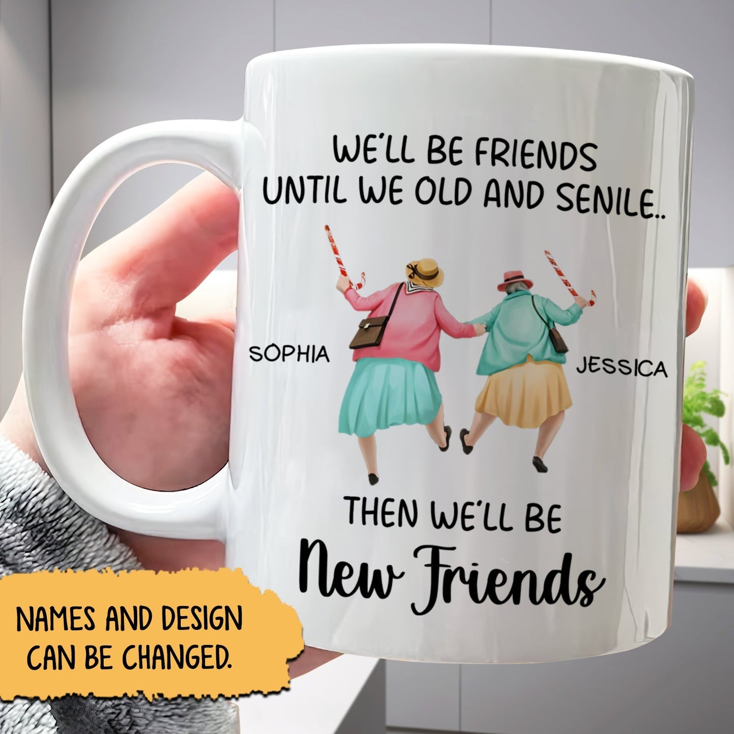 365Gifty personalized best friends mug showing white ceramic mug with two older women holding hands named Sophia and Jessica