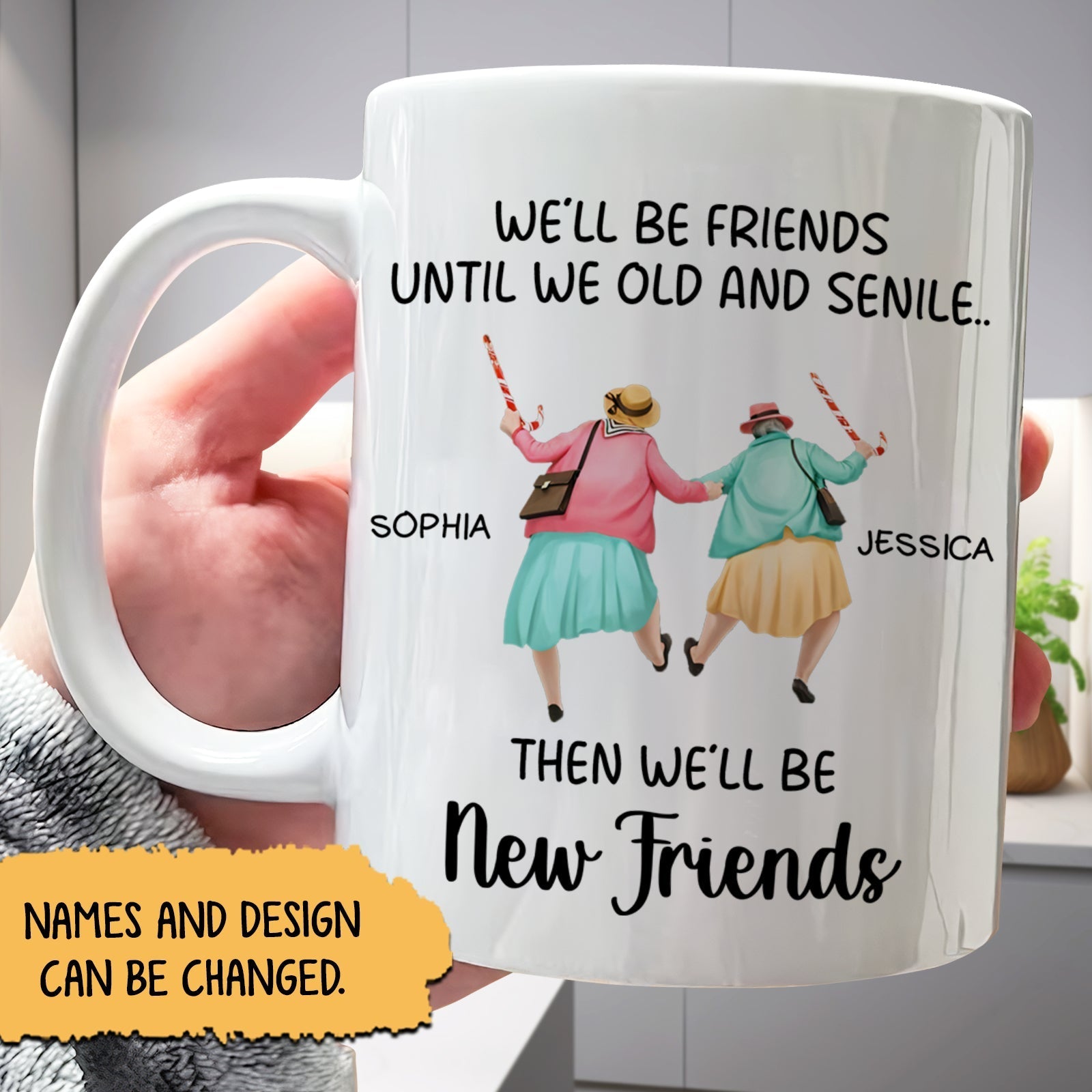 365Gifty personalized best friends mug showing white ceramic mug with two older women holding hands named Sophia and Jessica