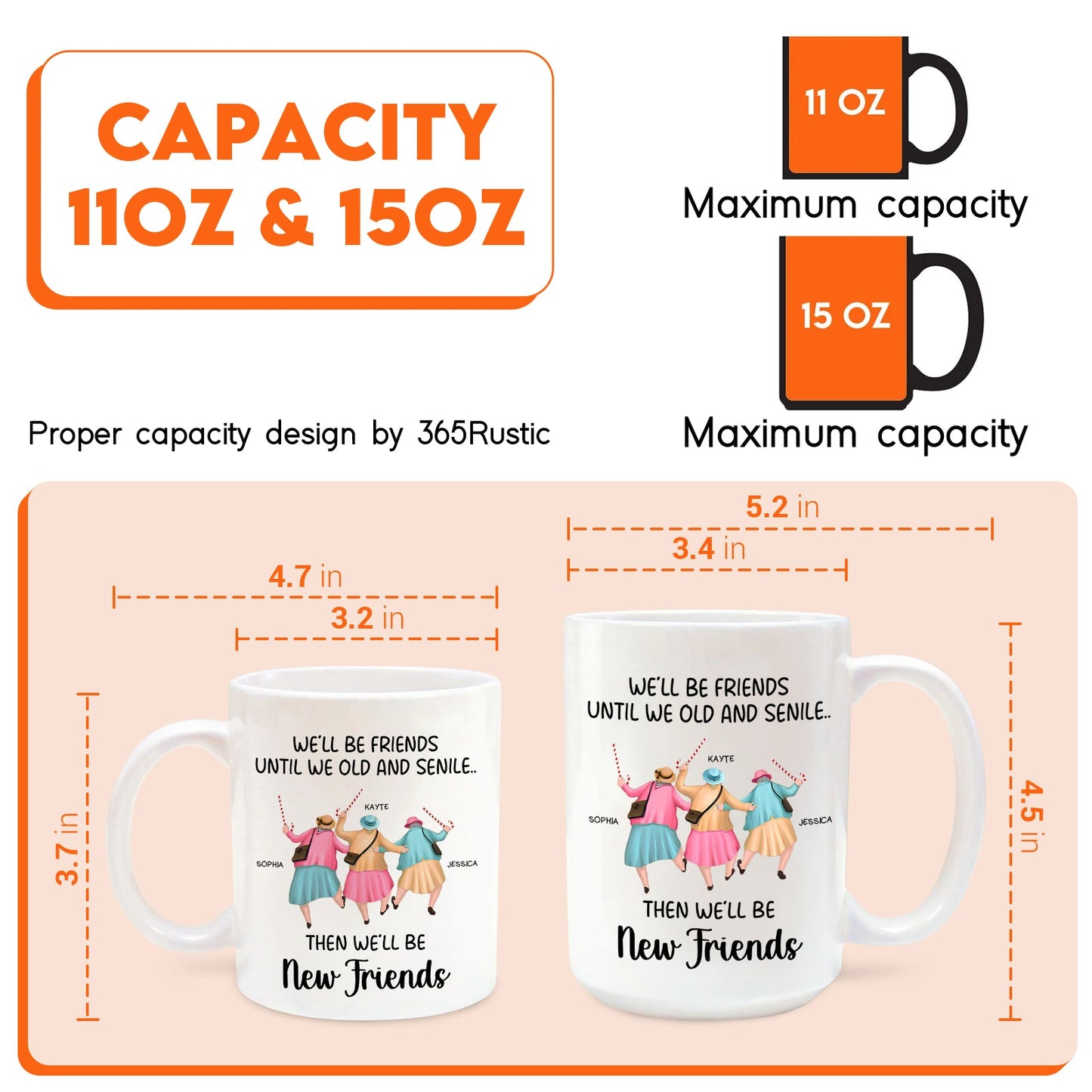 personalized best friends mug showing 11oz and 15oz sizes with cartoon friends print and dimensions