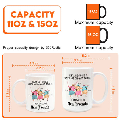 personalized best friends mug showing 11oz and 15oz sizes with cartoon friends print and dimensions
