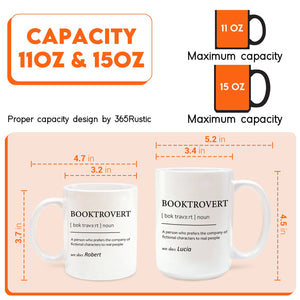 personalized booktrovert mug 11 oz and 15 oz white ceramic mugs with BOOKTROVERT definition and example names