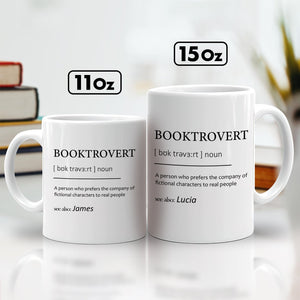 Two white ceramic 11oz and 15oz personalized booktrovert mug set printed with BOOKTROVERT definition and customizable name