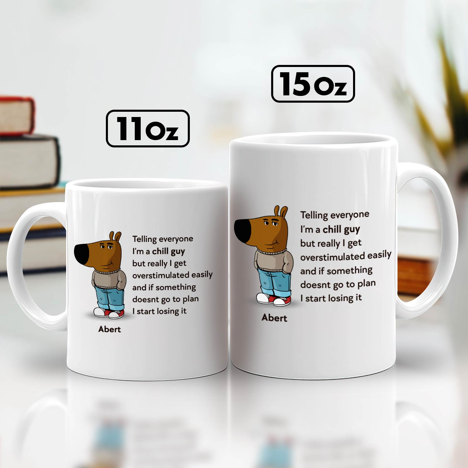 personalized chill guy mug set of white 11oz and 15oz ceramic mugs with cartoon bear and customizable name Abert