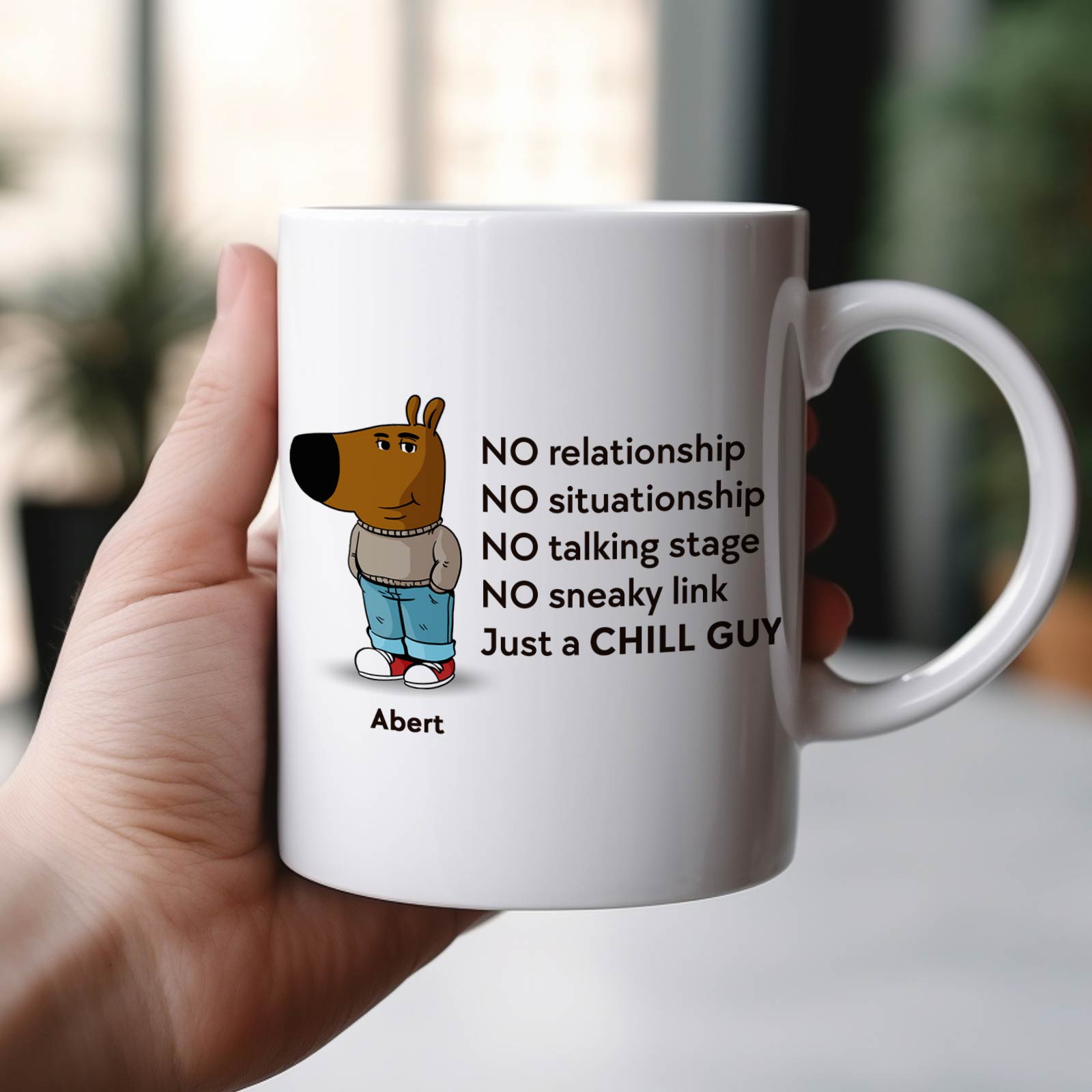 personalized chill guy mug white ceramic cup with cartoon dog character and funny no relationship text