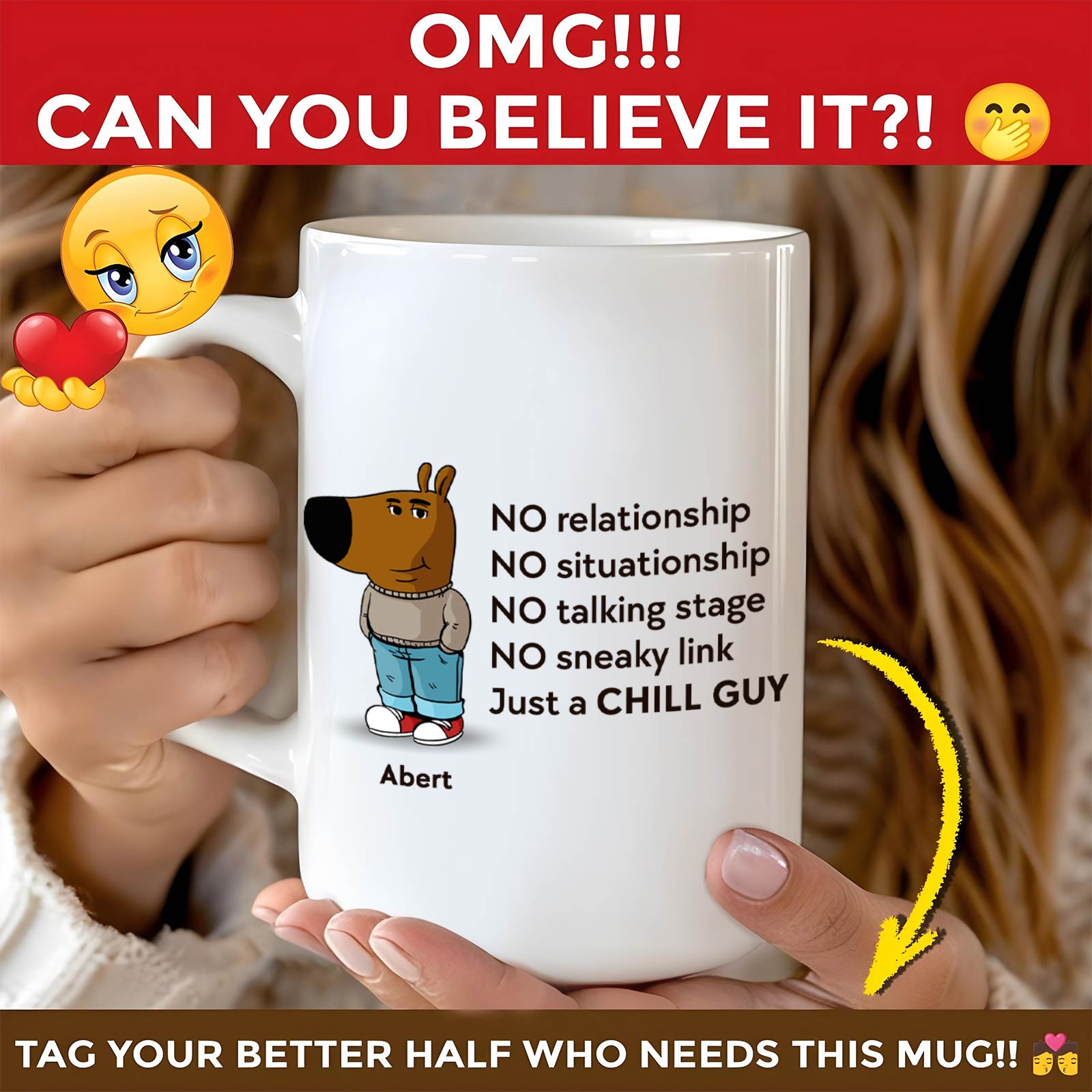 White ceramic personalized chill guy mug with cartoon dog and bold text held by hands