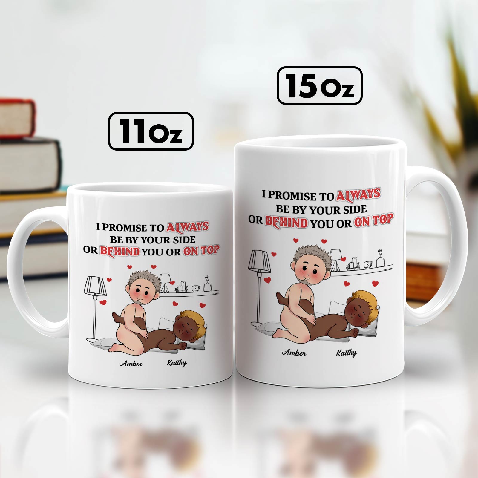 White 11oz and 15oz personalized couple mug set with playful cartoon couple in bed and option for custom names