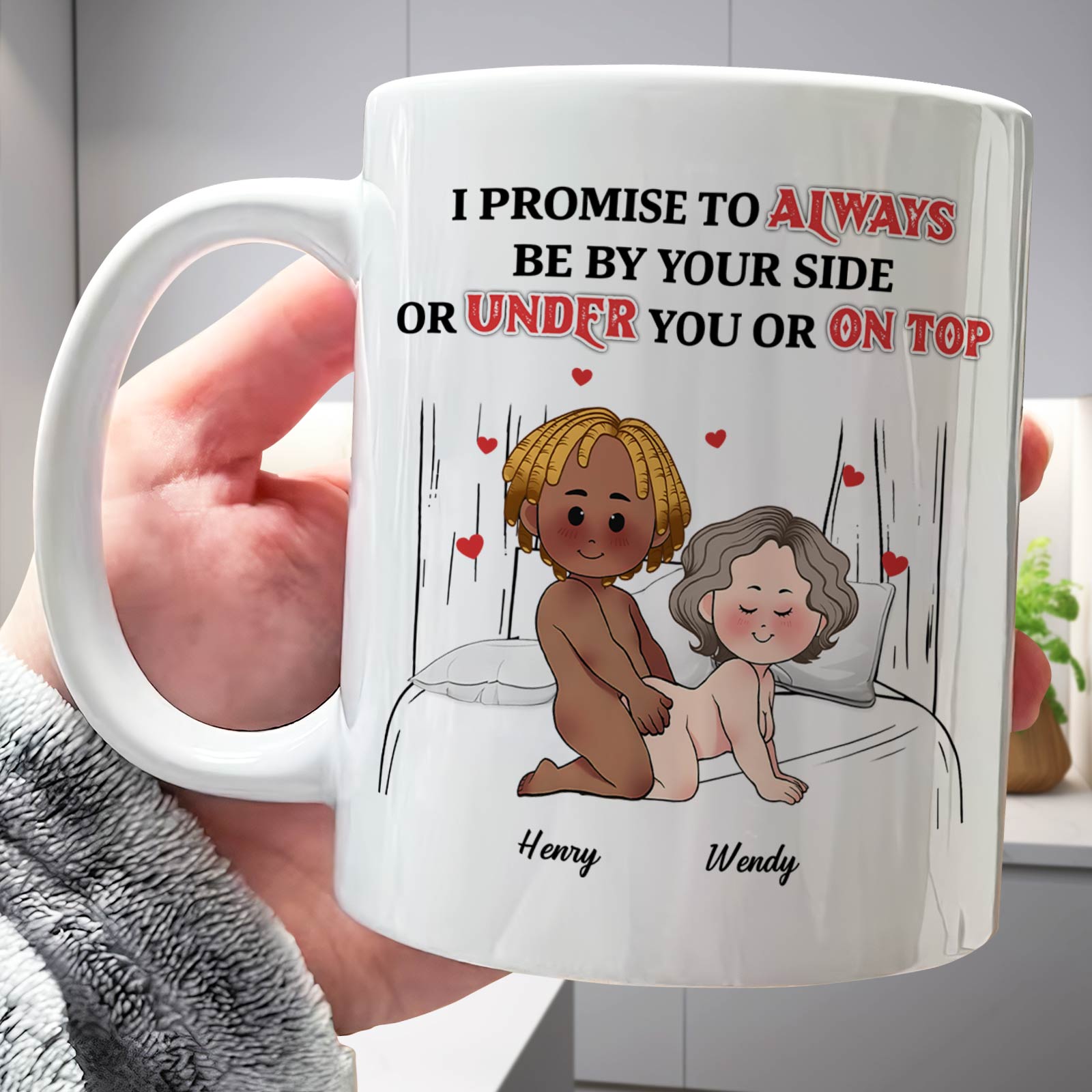 White personalized couple mug showing cartoon couple in bed with romantic promise text and names Henry Wendy