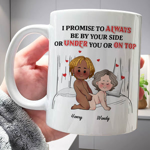 White personalized couple mug showing cartoon couple in bed with romantic promise text and names Henry Wendy