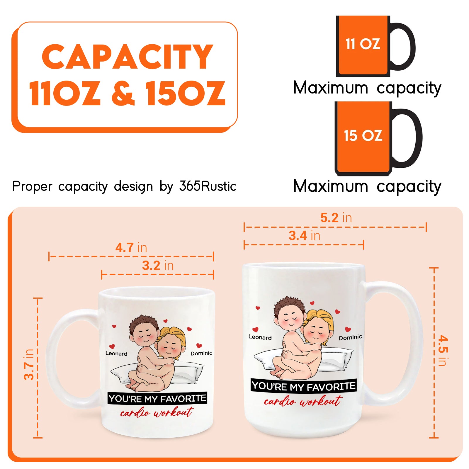 White personalized couple mug 11oz and 15oz showing cartoon hugging couple with names and caption youre my favorite cardio workout