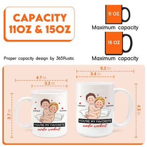 White personalized couple mug 11oz and 15oz showing cartoon hugging couple with names and caption youre my favorite cardio workout