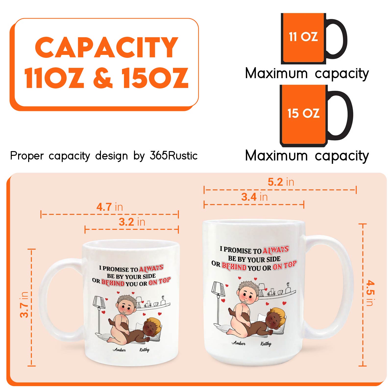 365Gifty personalized couple mug infographic showing 11oz and 15oz sizes dimensions and cartoon couple design