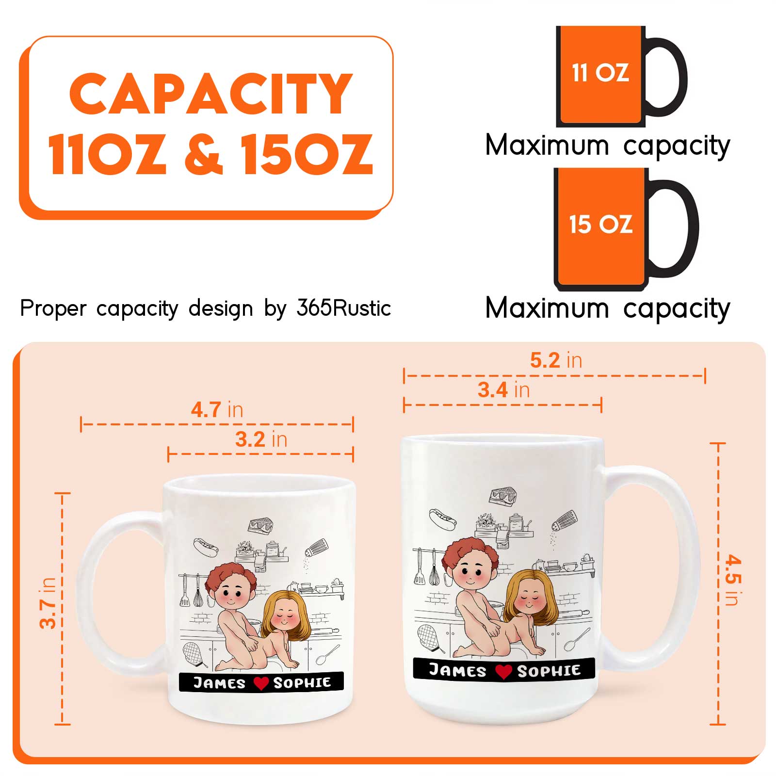 personalized couple mug 11oz and 15oz sizes showing two white mugs with cartoon couple and customizable names James and Sophie