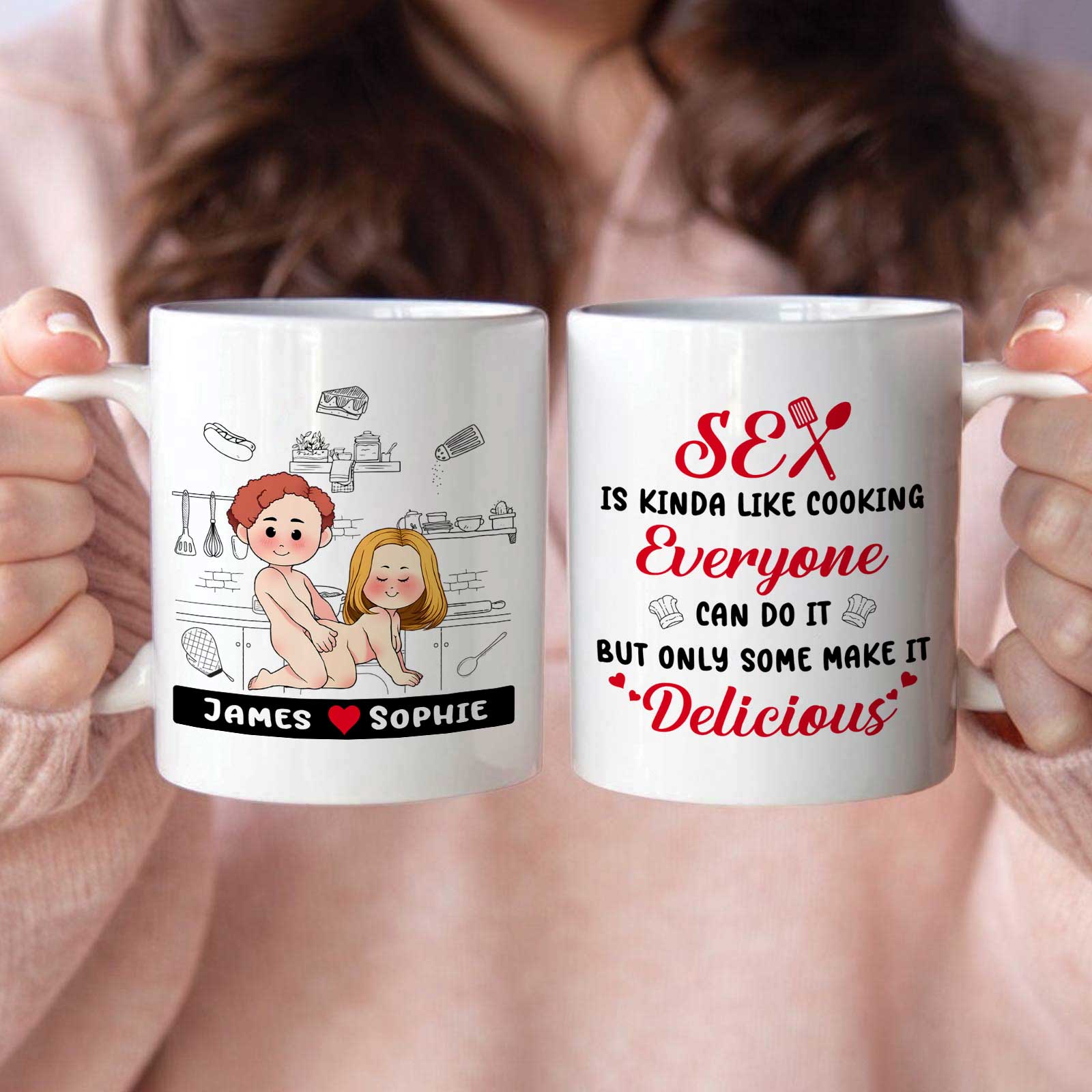 Two white ceramic personalized couple mug set showing cartoon couple with names James and Sophie and playful cooking quote
