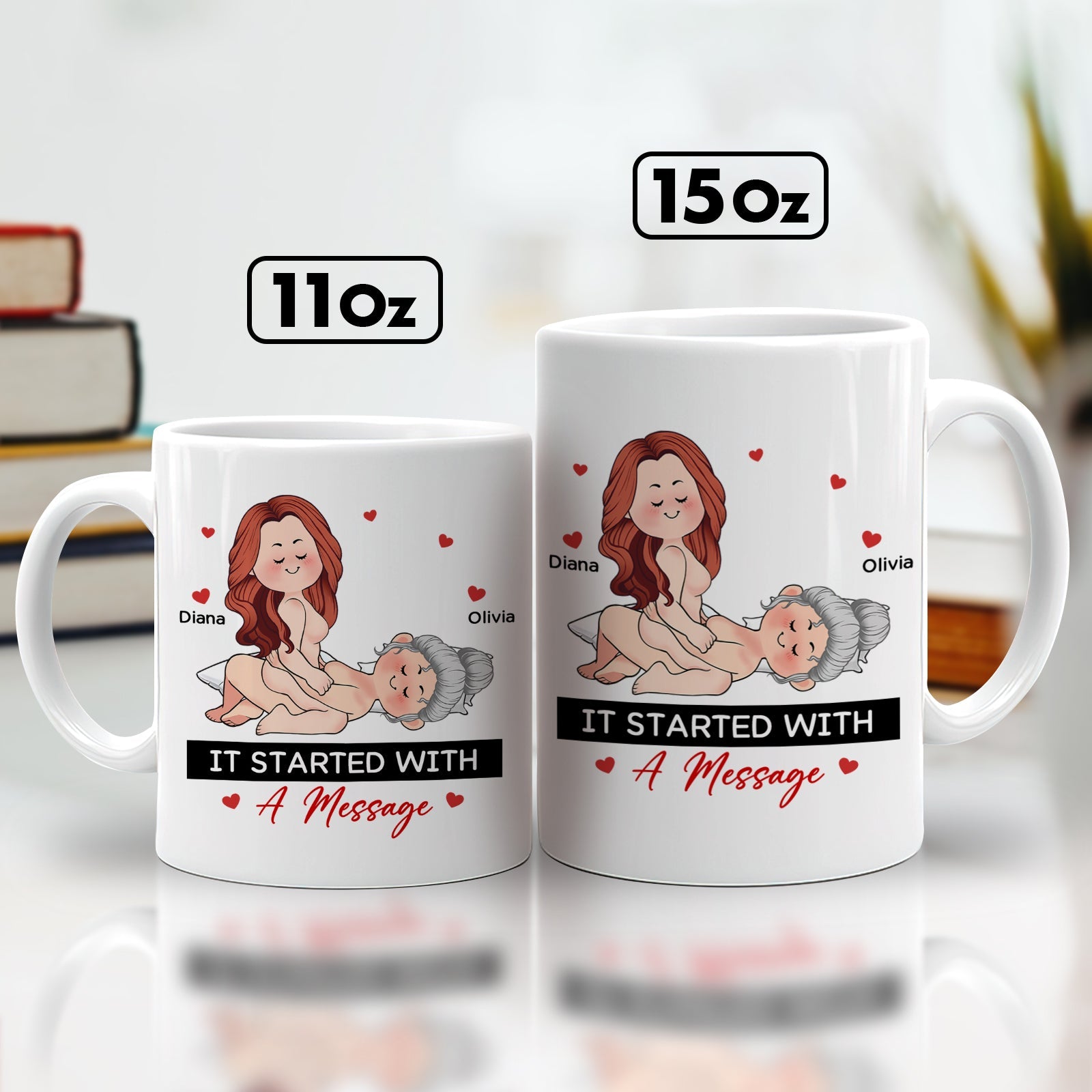 365Gifty personalized couple mug set 11oz and 15oz white ceramic with massage cartoon and It Started With A Message