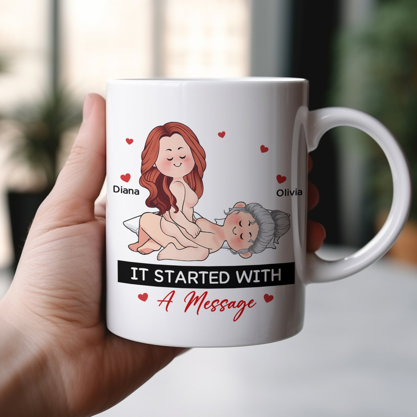 personalized couple mug white ceramic with cartoon of two women massage names Diana and Olivia It Started With A Message