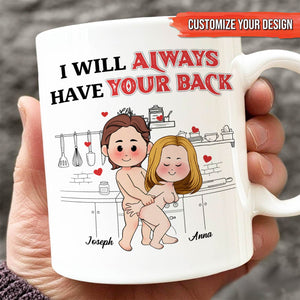White ceramic personalized couple mug with cartoon hugging pair in kitchen and I will always have your back slogan