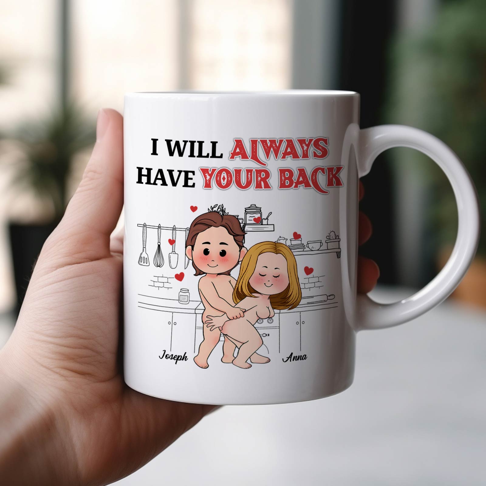365Gifty personalized couple mug with cartoon couple hugging in kitchen and I will always have your back design