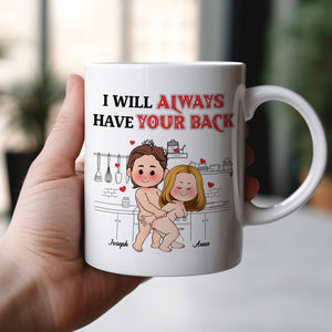 365Gifty personalized couple mug with cartoon couple hugging in kitchen and I will always have your back design