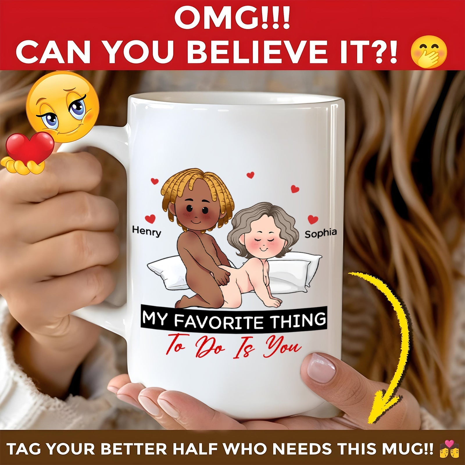 365Gifty personalized couple mug white ceramic with cartoon couple names Henry and Sophia and romantic message