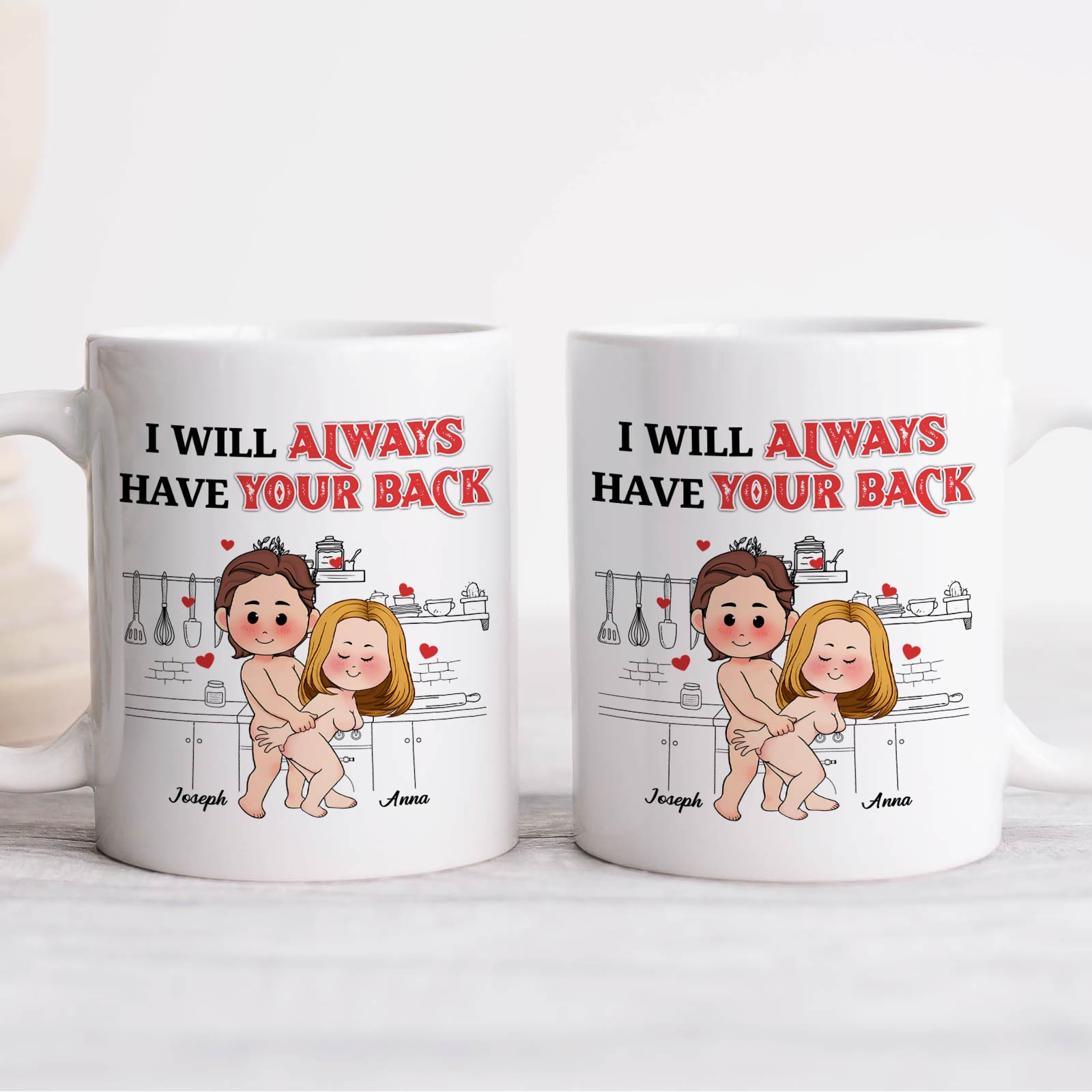 365Gifty personalized couple mug set white ceramic with cartoon couple and I will always have your back design