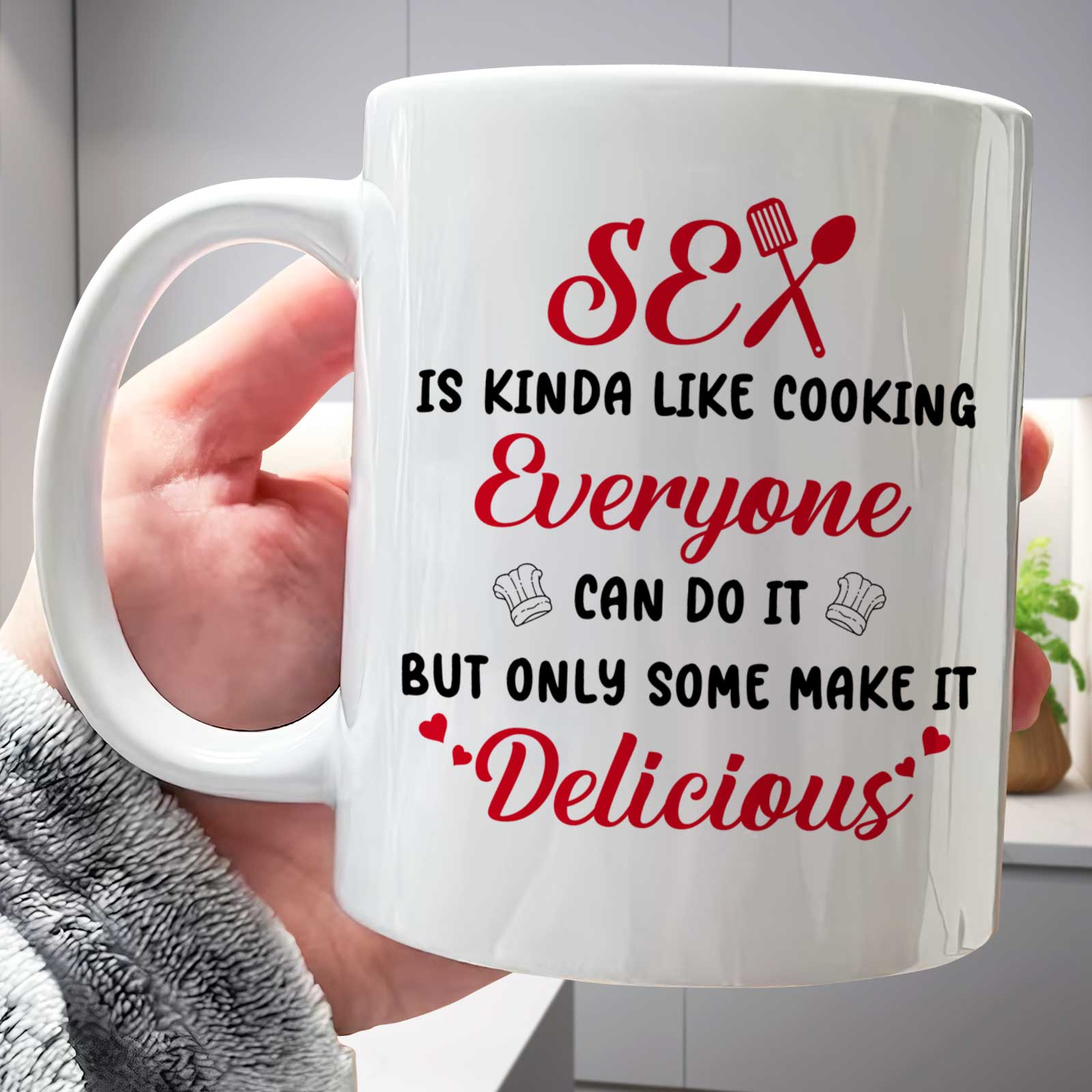 White ceramic personalized couple mug with humorous sex and cooking quote in red and black text