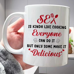 White ceramic personalized couple mug with humorous sex and cooking quote in red and black text