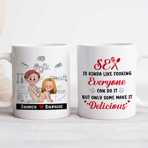 365Gifty personalized couple mug featuring cartoon couple with custom names and funny cooking quote