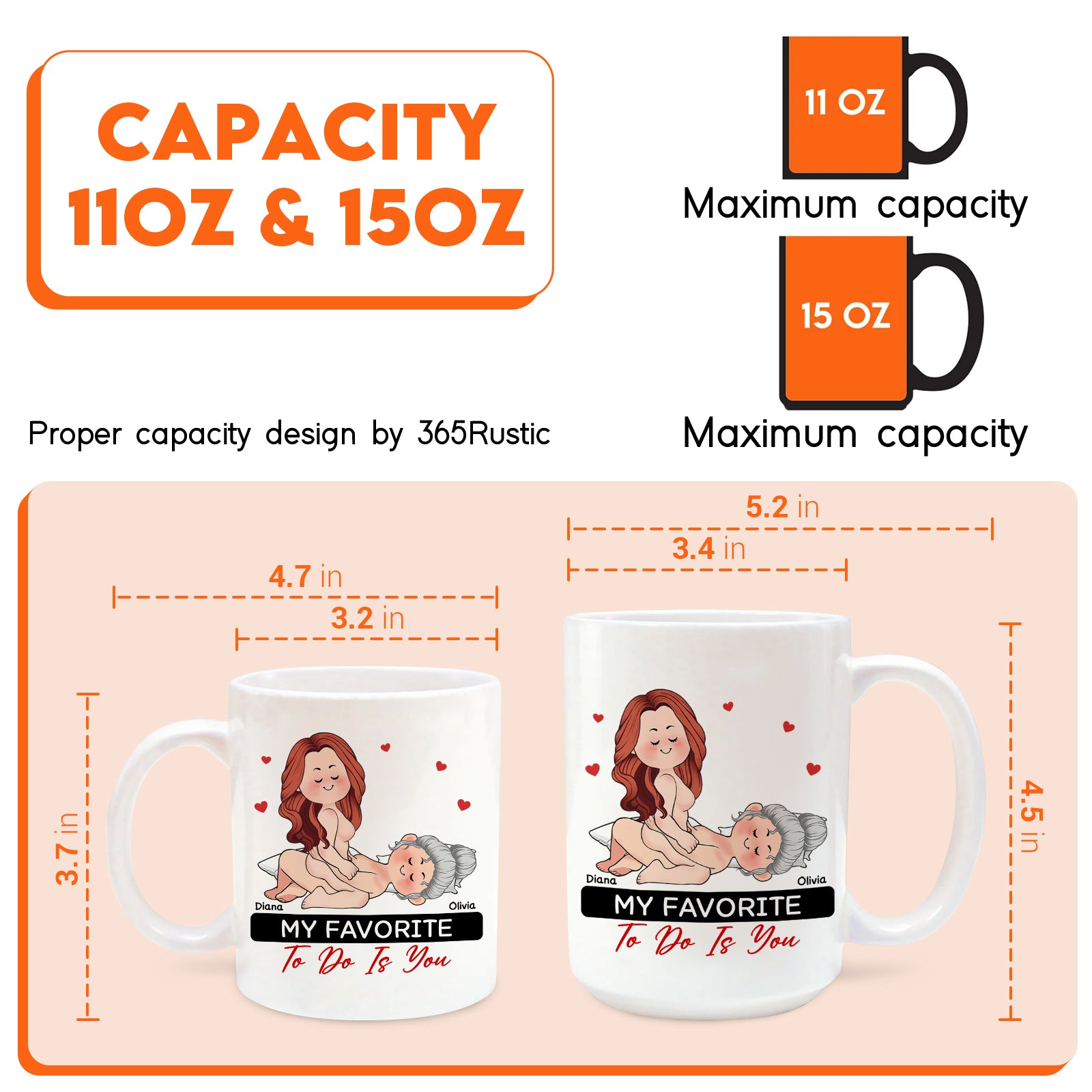 365Gifty personalized couple mugs size chart showing 11oz and 15oz mugs with illustrated couple design