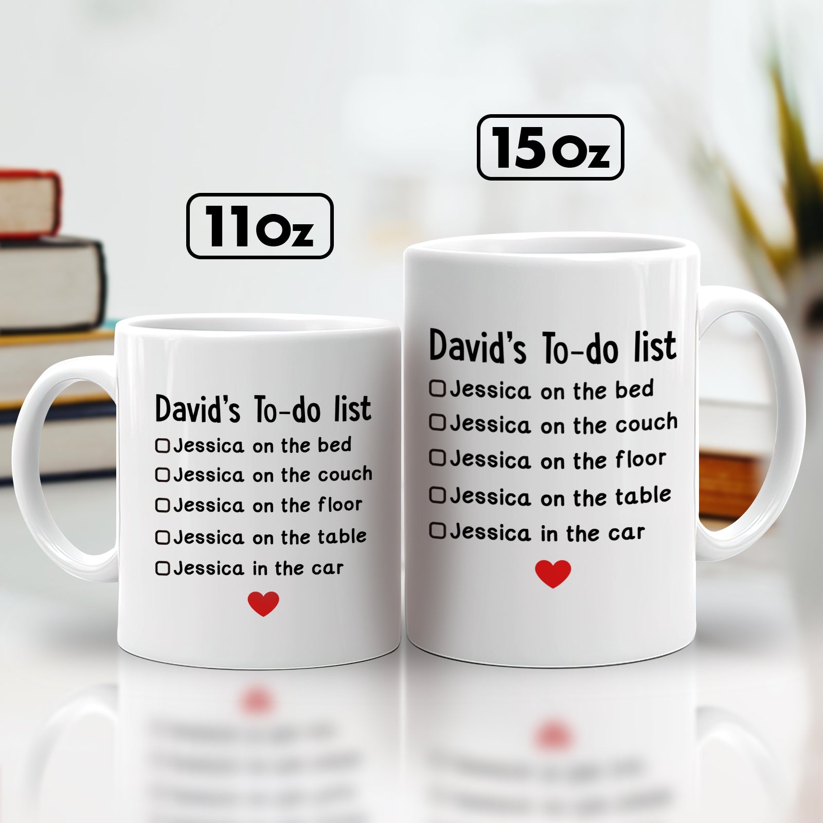Two white ceramic 11oz and 15oz personalized couple mugs with Davids to do list checklist for Jessica and red heart