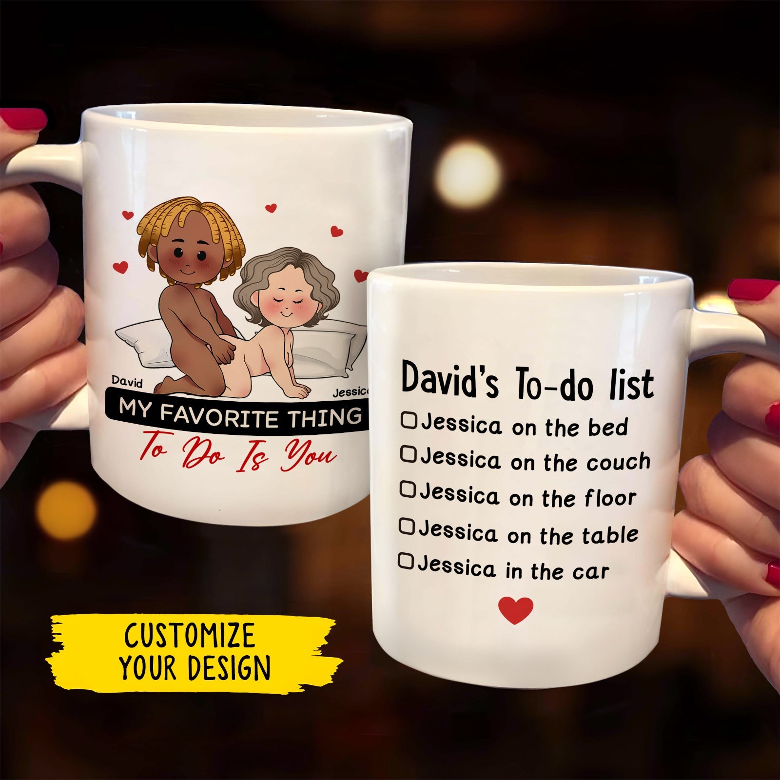 365Gifty personalized couple mugs showing two white ceramic mugs with cartoon couple and custom to do list